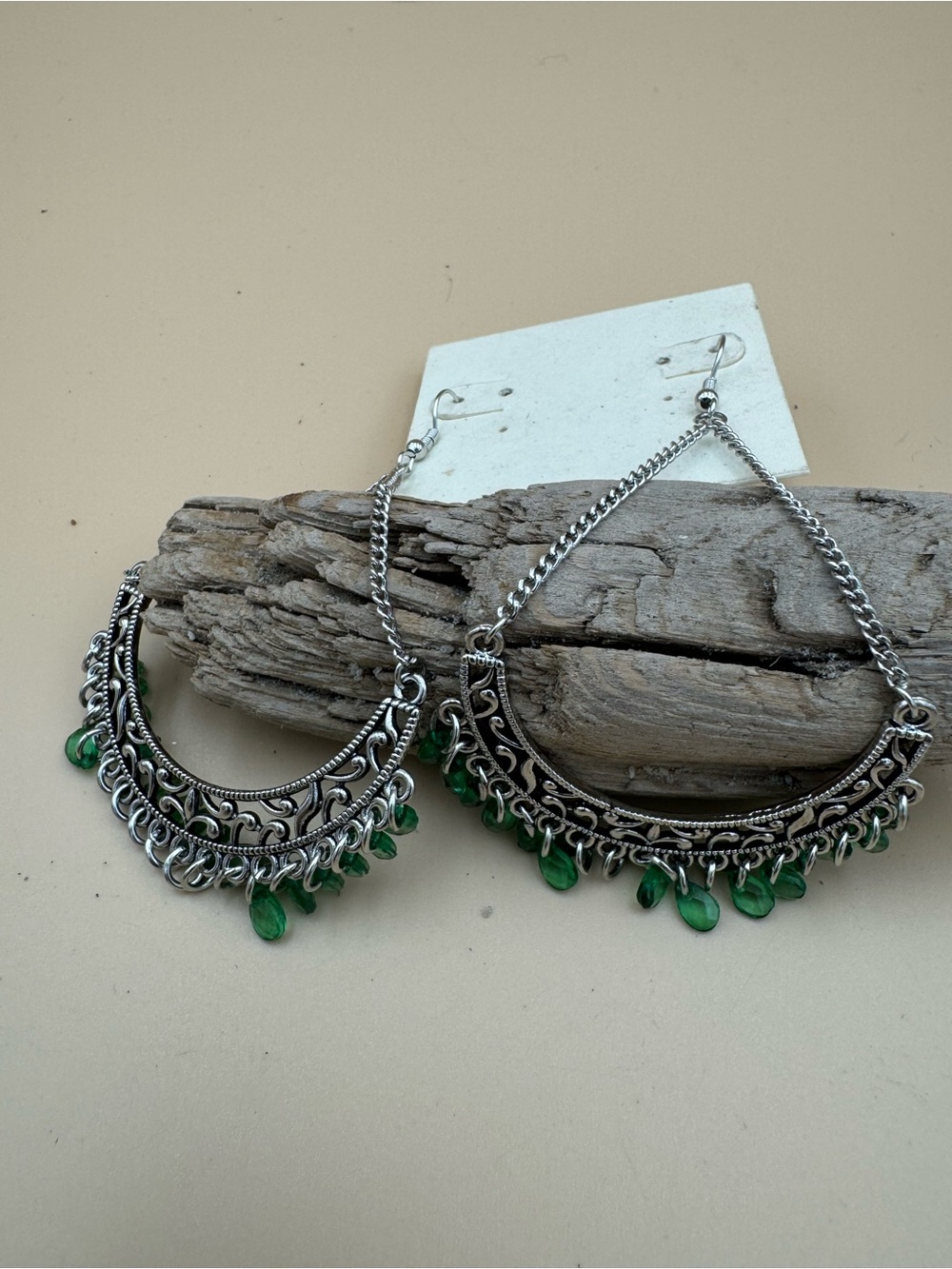 Artisan Silver-Tone Hoop Earrings with Green Teardrop Beads 135